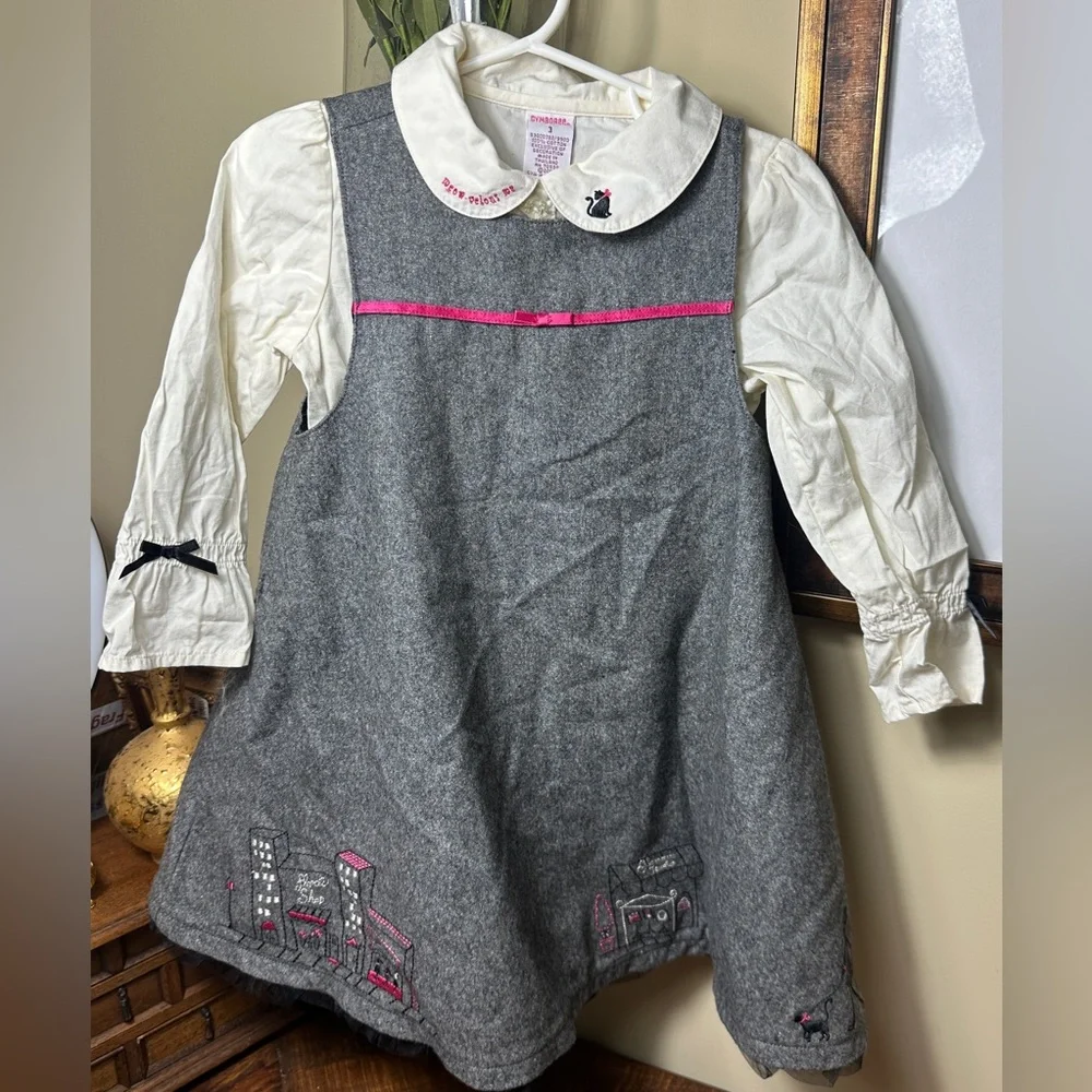 Vintage Gymboree Sz‎ 3 City Sidewalk Gray Wool Dress & Embroidered White Blouse